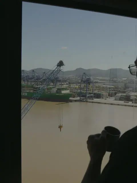 UWL do Brasil employee at the window overlooking the Itajaí Port Complex