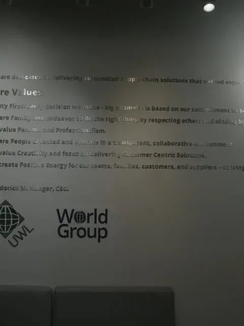 UWL and World Group Core Values wall at the Itajaí office
